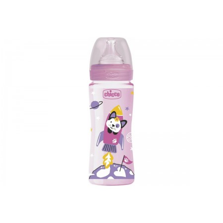 Plastic Bottle With Silicone Nipple Pink 330ml 4M +