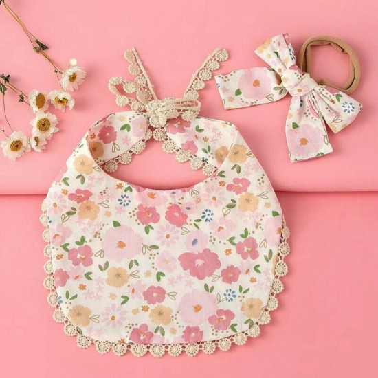 Set Bib And Hair Band With Lace White-Pink Set Bib And Hair Band With Lace White-Pink